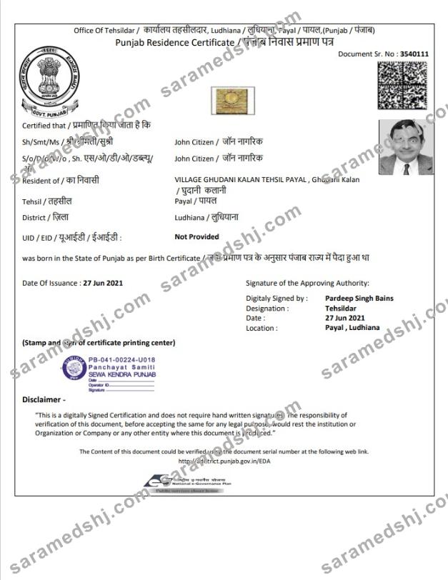 India Government of Punjab Residence Certificate template in Word and PDF format